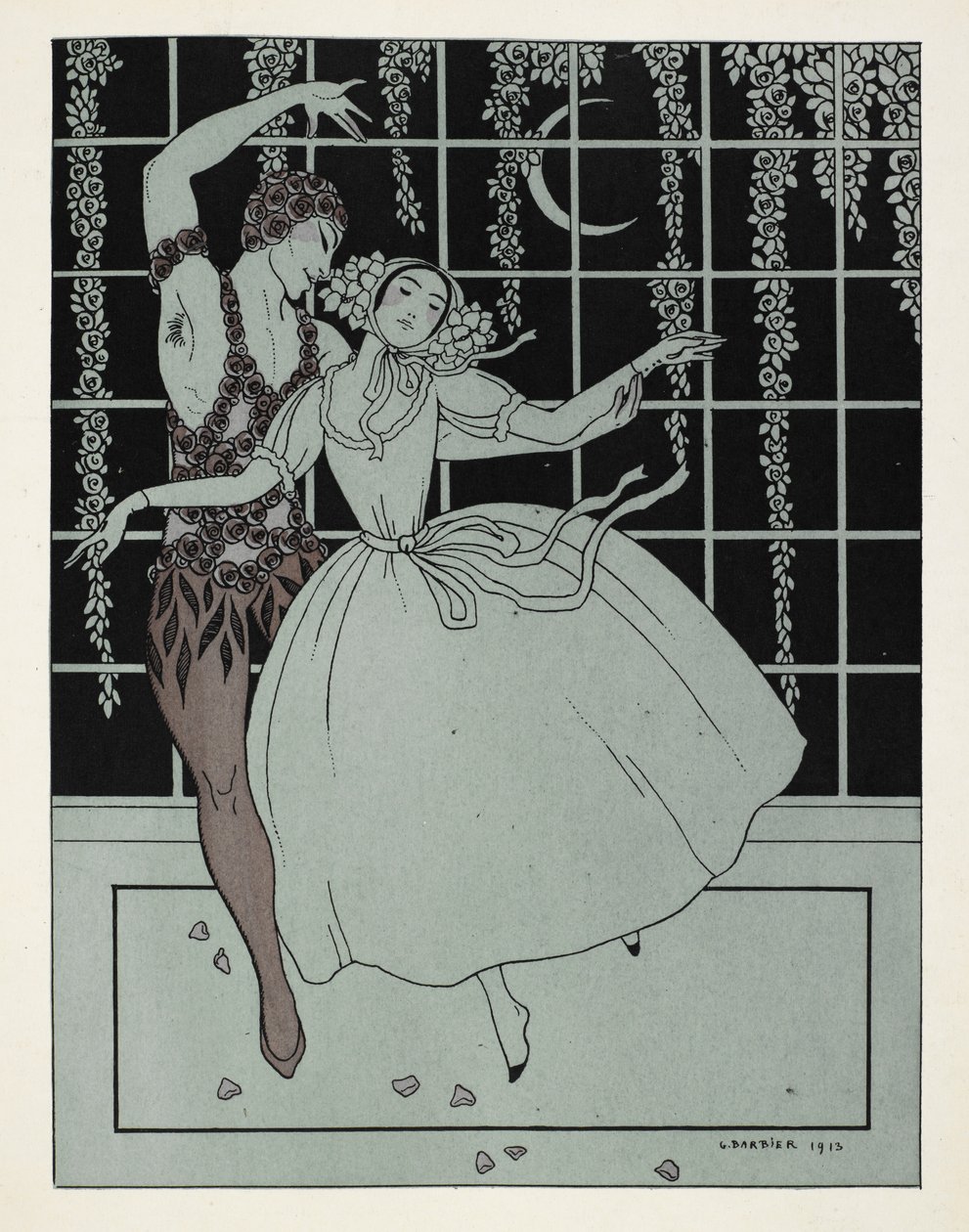 "Le Spectre de la Rose". Obraz je pojmenován podle baletu Ballets Russes podle básně Théophila Gautiera. Tanečníky na původním představení byli Václav Nižinskij jako Růže a Tamara Karsavina jako Dívka a můžete je vidět tančit od Georges Barbier