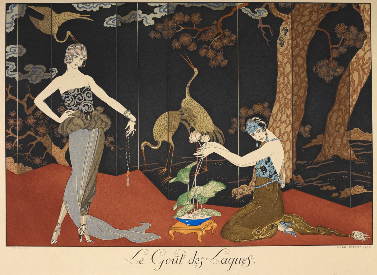 Le gout des laques. Chuť laků. Dvě ženy před lakovanou obrazovkou. od Georges Barbier