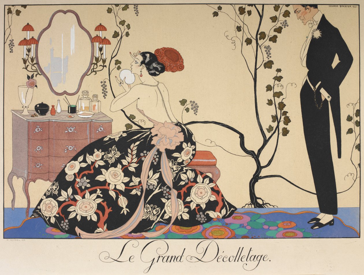 Velký dekolt. Žena sedící u svého toaletního stolku, obdivovaná mužem. od Georges Barbier