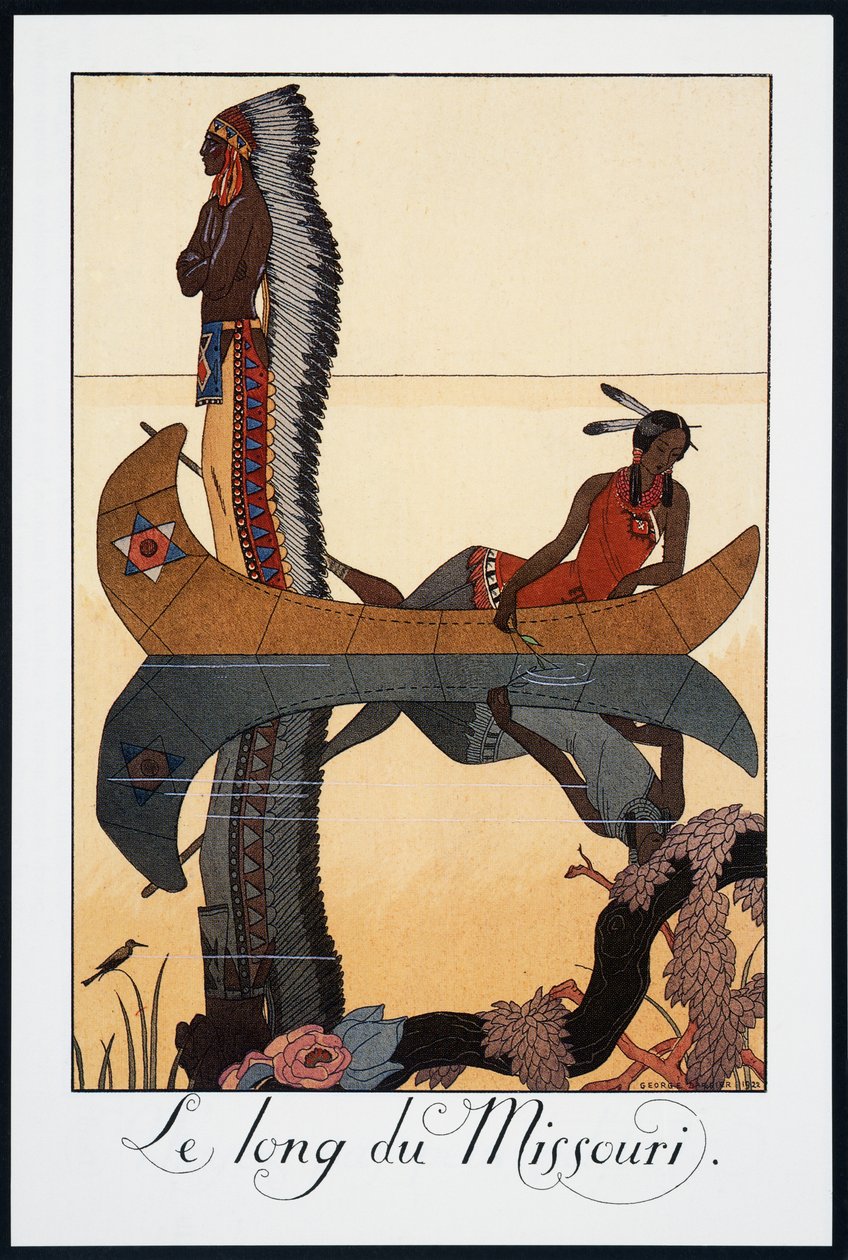 Podél Missouri, litografie George Barbiera (1882-1932), z Falbalas et Fanfreluches, Almanach des Modes Presentes, Passees et Futures, Francie, 20. století od Georges Barbier