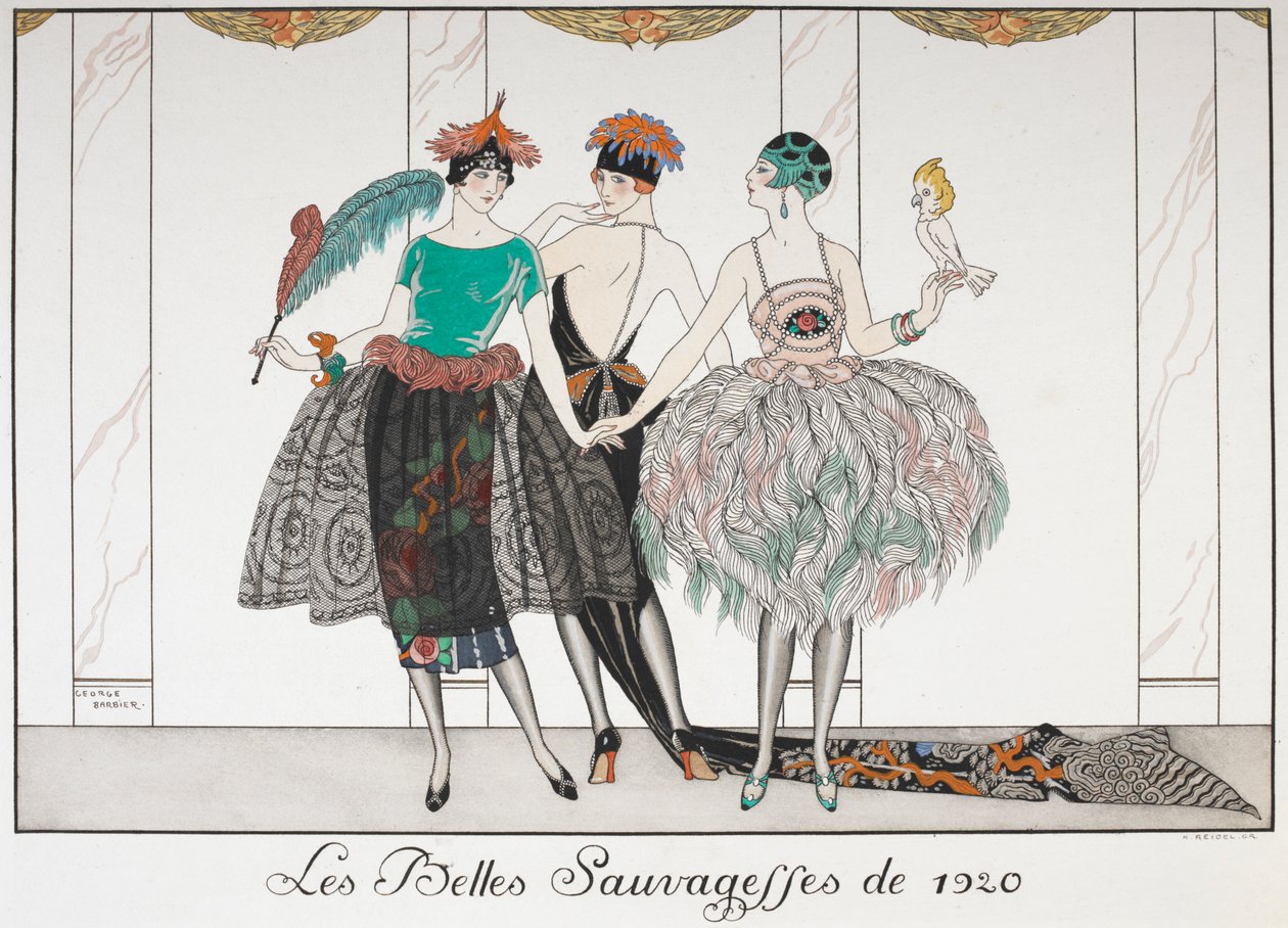 Les Belles Sauvagettes de 1920. Tři ženy v řadě v exotických šatech. od Georges Barbier