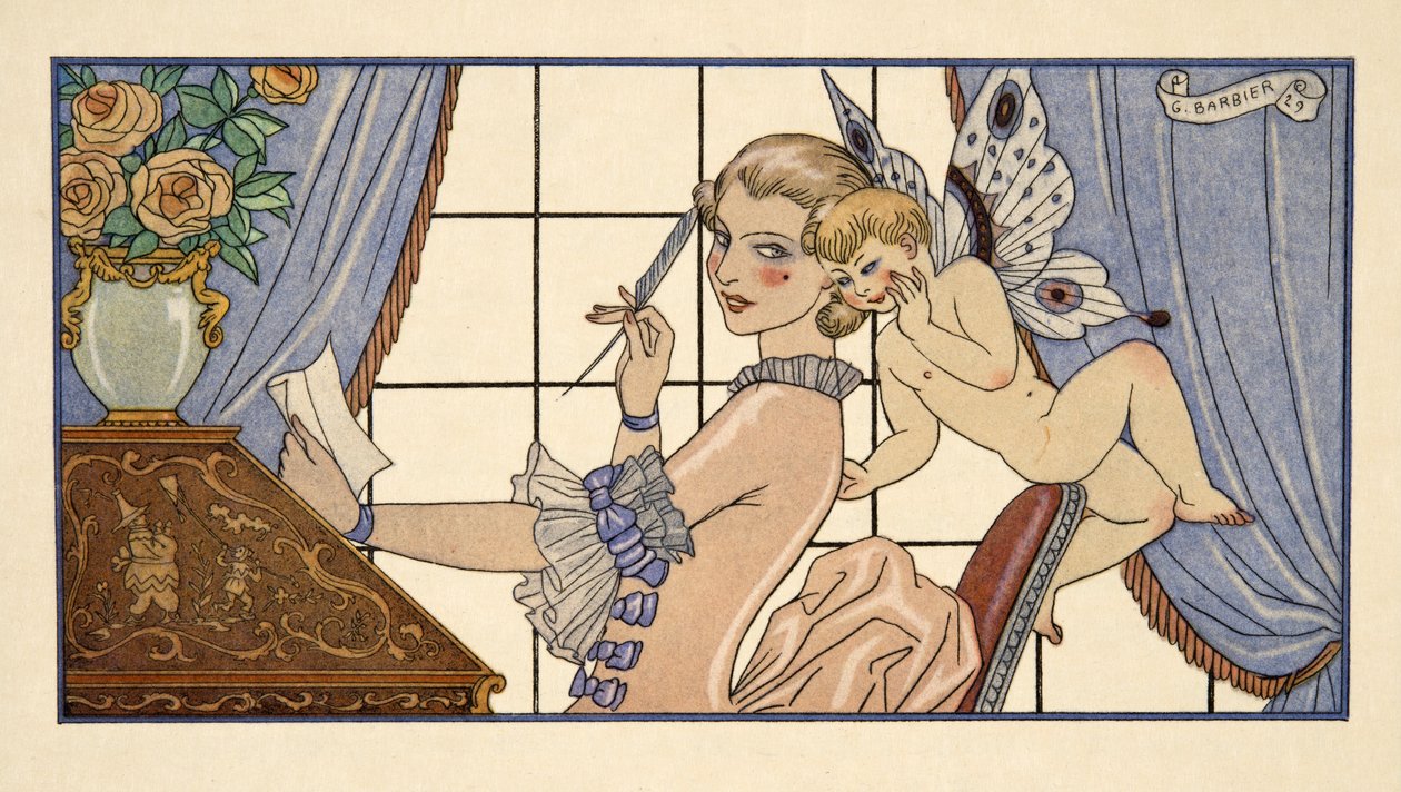 První dopis z „Les Liaisons Dangereuses“ od Pierra Choderlose de Laclos (1741-1803), pub. 1934 (tisk šablony) od Georges Barbier