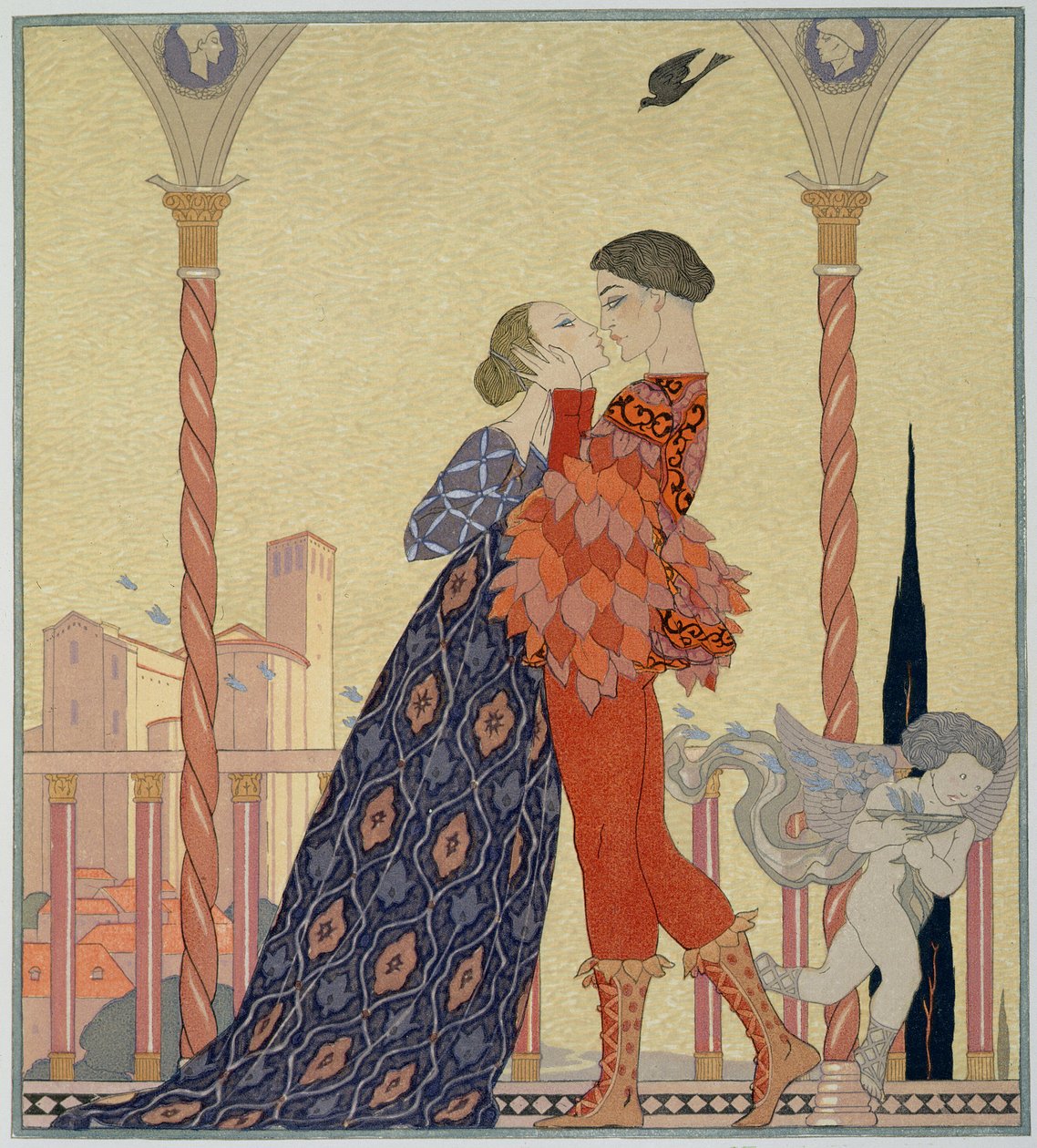 Milenci na balkóně (akvarel na papíře) od Georges Barbier