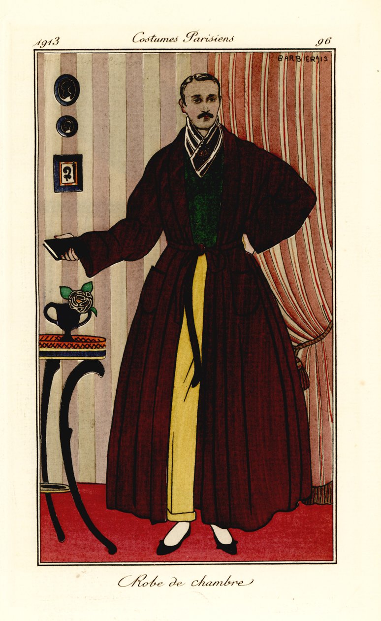 Muž v županu přes žluté kalhoty a zelenou vestu. Župan. Ručně kolorovaný pochoir (šablona) lept podle ilustrace George Barbiera z Tommasa Antonginiho Journal des Dames et des Modes, Aux Bureaux du Journal des Dames, Paříž od Georges Barbier