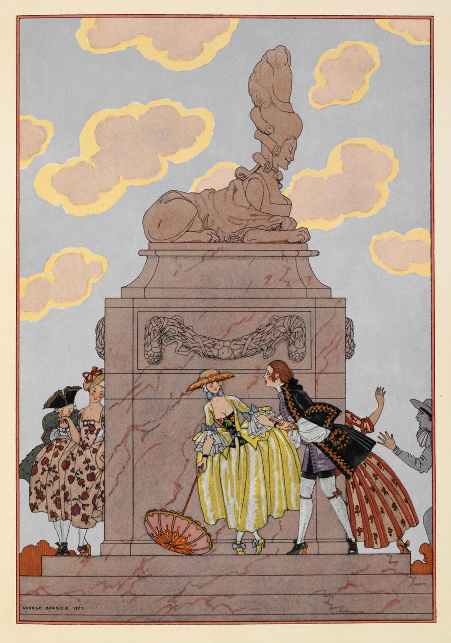 Mandolína. Lidé stojící kolem pomníku. jedna žena drží slunečník. Výrazná oblačnost. od Georges Barbier