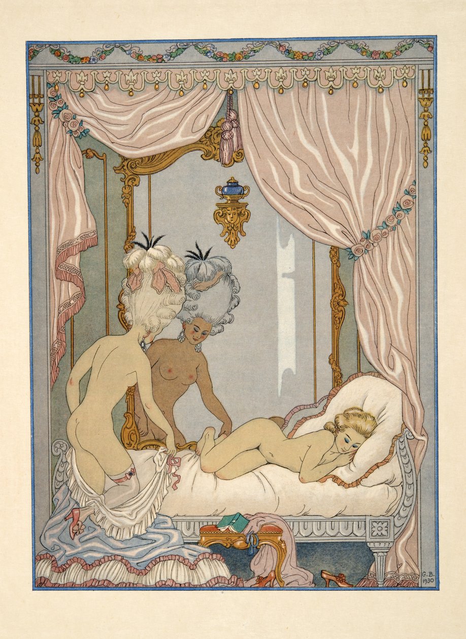 Návštěva markýzy de Merteuil v ložnici Cécile de Volanges, ilustrace z hospody „Les Liaisons Dangereuses“ od Pierra Choderlose de Laclos (1741-1803). 1934 (tisk šablony) od Georges Barbier