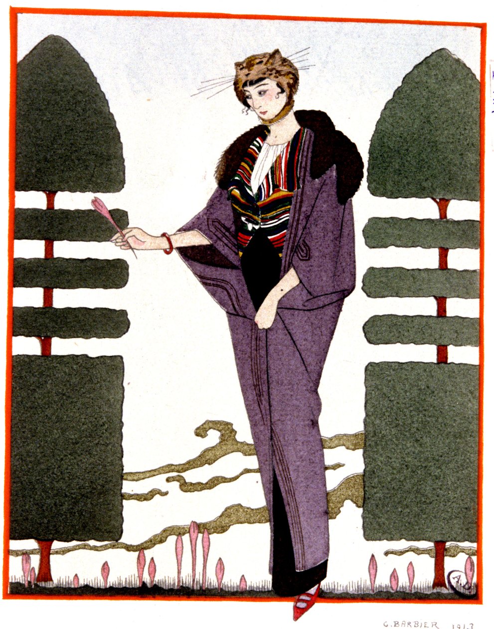 Cestovní kabát Mme Paquin, rytina 1914 od Georges Barbier