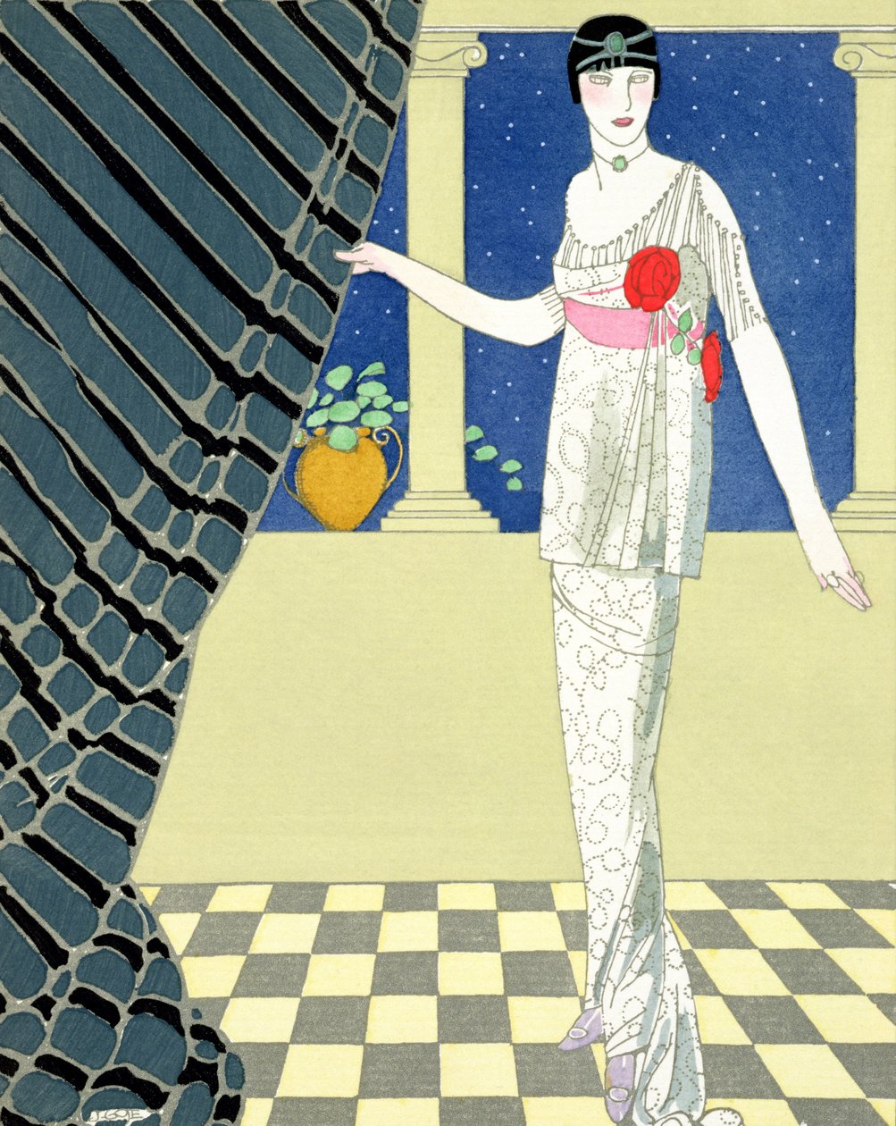 Moji hosté nedorazili, ilustrace ženy v šatech od Redferna (pochoir print) od Georges Barbier