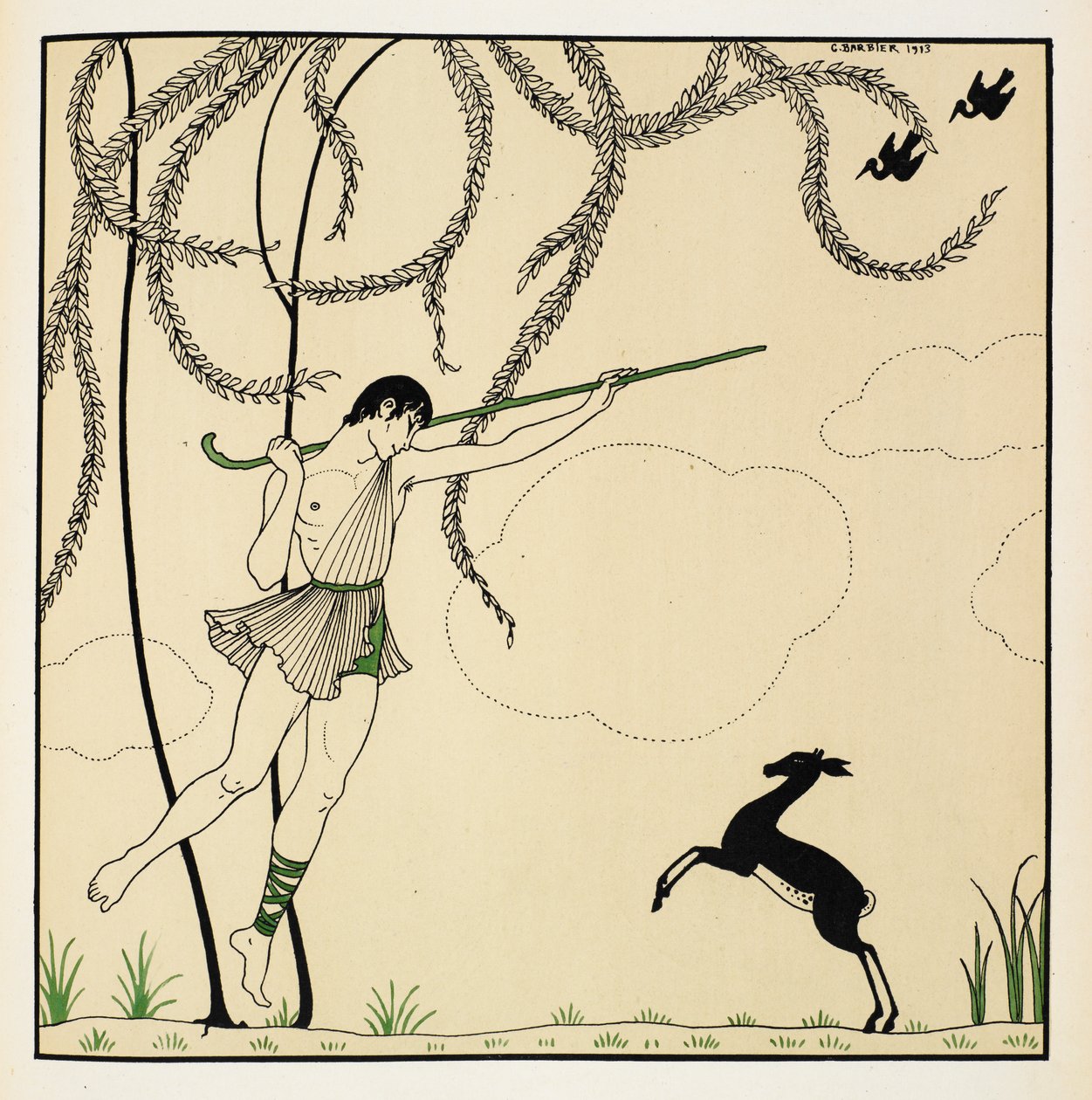 "Narcisse". Scéna z Narcisse, klasického baletu hraného v jednom jednání. Narcisse měl premiéru v roce 1911 v Monte Carlu. Chlapec tančí ve vzduchu, nese ovčáka, na zadních nohách stojí beránek. od Georges Barbier