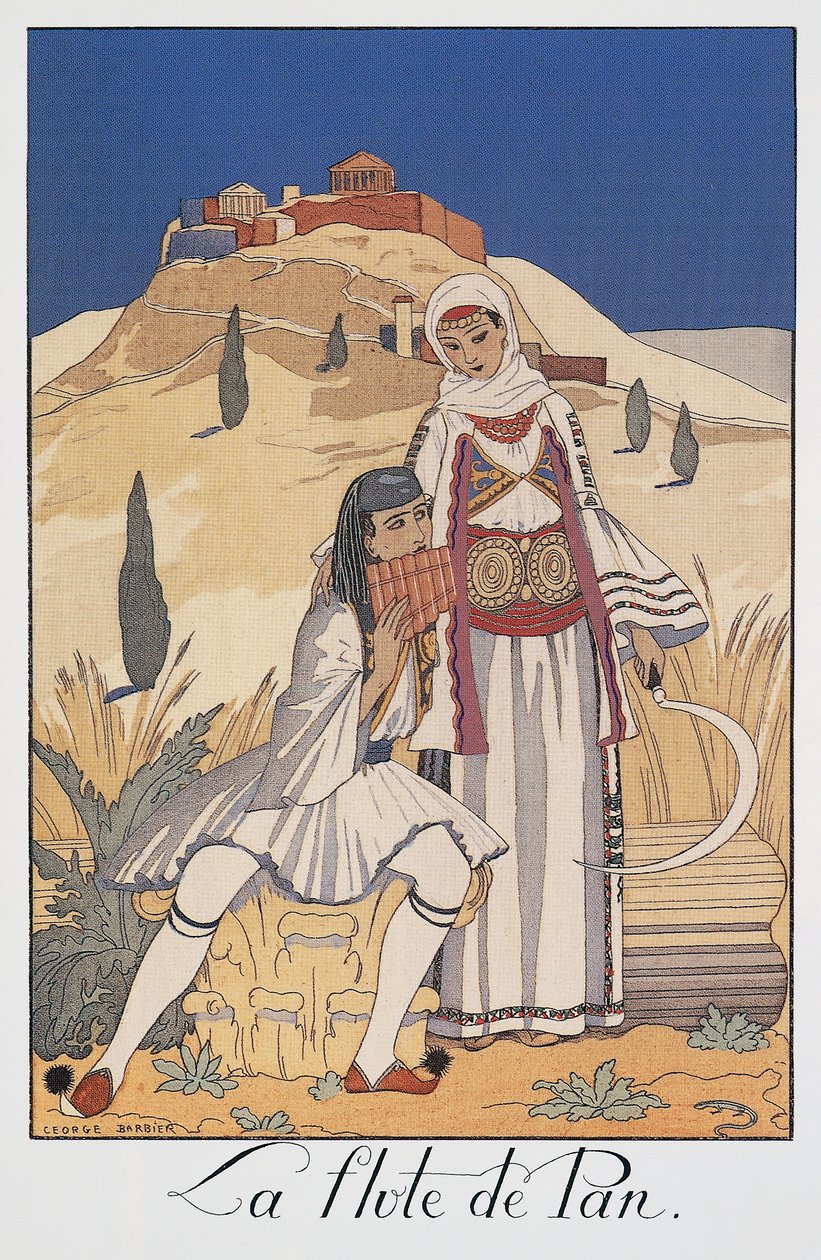 Hráč na panovou flétnu zobrazující tradiční řecké kostýmy od Georges Barbier
