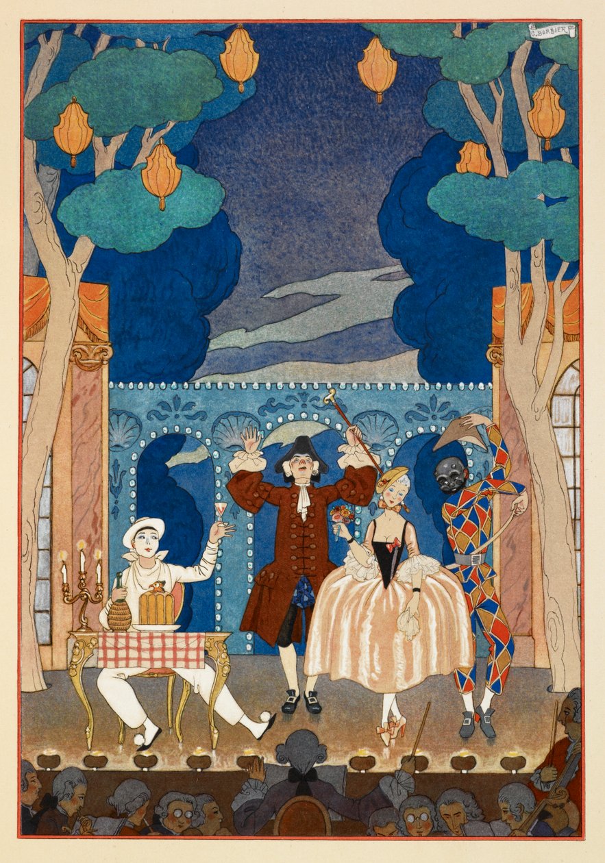 Pantomima. Pierrot a Harlekýn. Muž a hezká žena. Vše na jevišti. od Georges Barbier