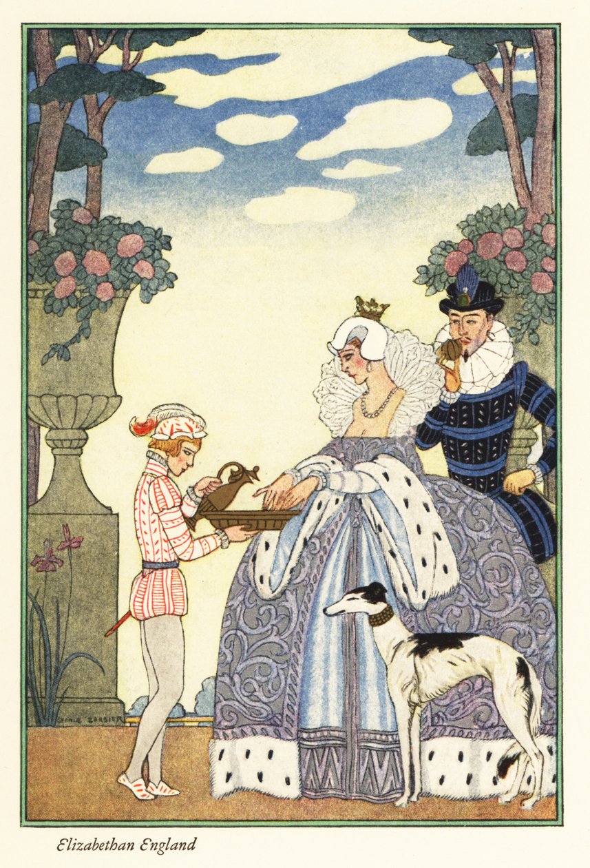 Královna Alžběta si myje ruce v misce držené jejím pážetem. 1928 (tisk) od Georges Barbier