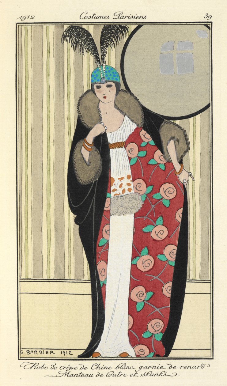 "Bílé krepdešínové šaty zdobené liškou. Kabát z vydry a skunky," od Georges Barbier