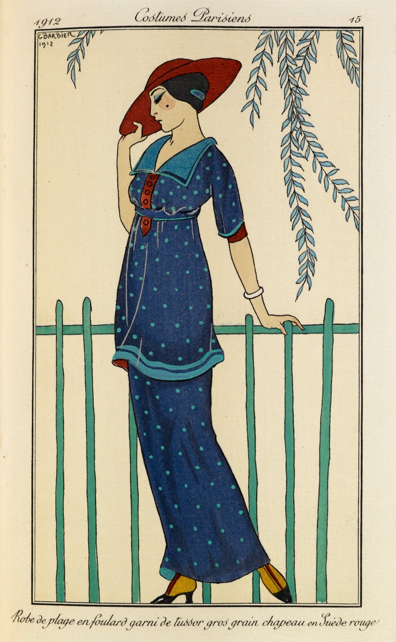 Robe de plage en faulard garni de tussor gros grain chapeau en Suède rouge. Kostýmy Parisiens č.15. Žena v plážových šatech a šátku ze surového hedvábí zdobeného grogrénem ve skvrnité modré a červené čepici. od Georges Barbier