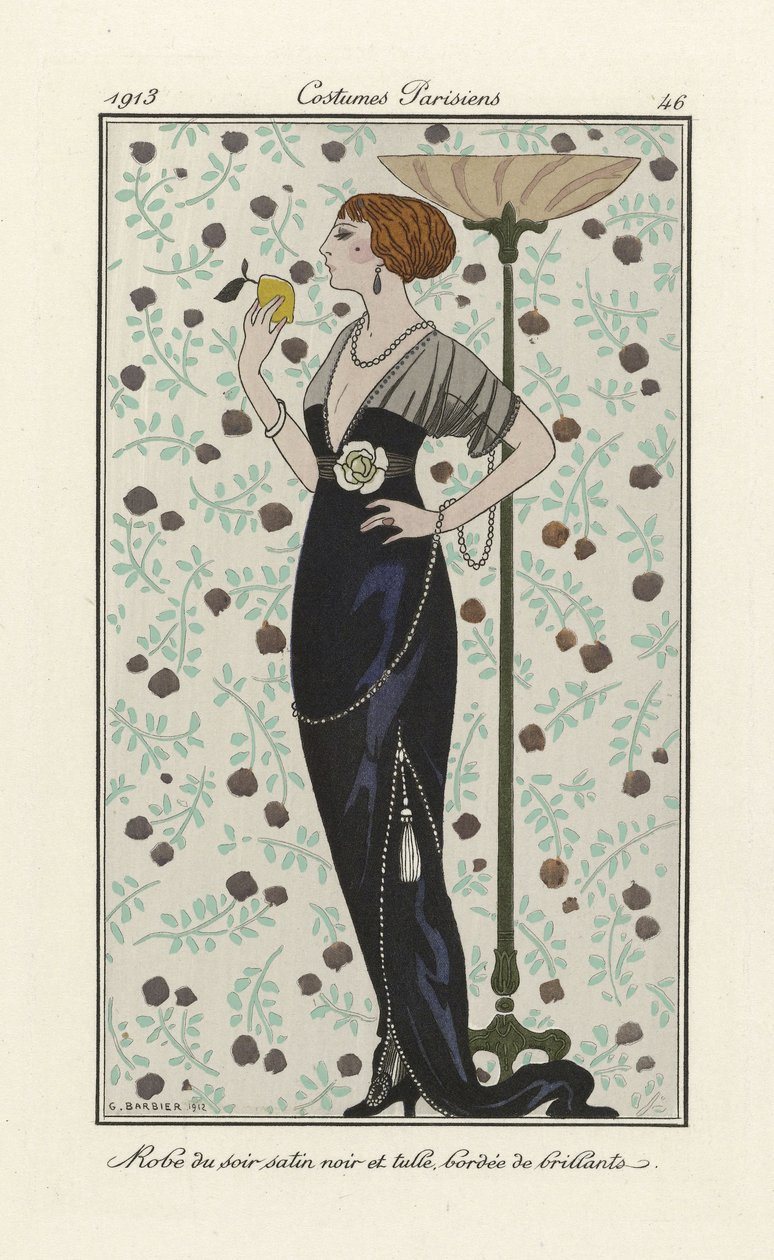 Černé saténové a tylové večerní šaty lemované brilianty, z Costumes Parisien, pub. 1913 (potisk šablony) od Georges Barbier