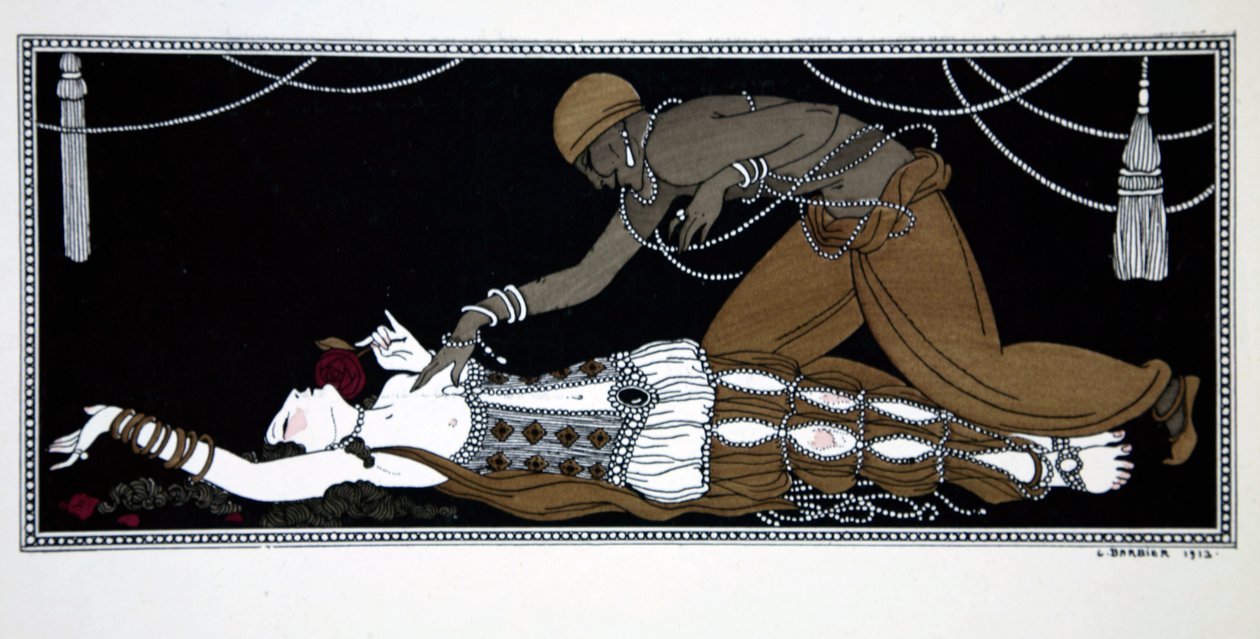 Šeherezáda, z cyklu „Návrhy tanců Václava Nižinského“ (1889-1950). Georges Barbier (1882-1932), tisk Pochoir od Georges Barbier