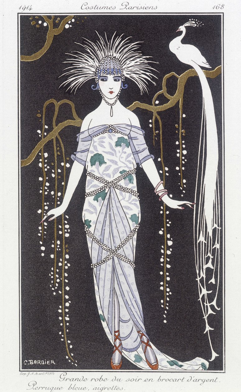 Stříbrné brokátové večerní šaty a paruka - Ilustrace George Barbier (1882-1932). v „“ Journal des dames et des modes: Costumes Parisiens““ od Georges Barbier