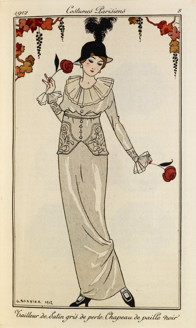 Tailleur de Satin gris de perle. Chapeau de paille noir“. Kostýmy Parisiens č.8. Žena na sobě perleťově šedé saténové šaty a černý slaměný klobouk s pérem. V každé ruce drží růži. od Georges Barbier