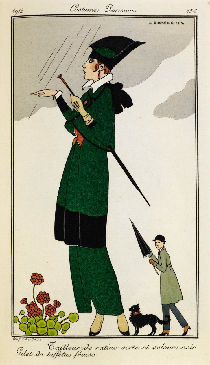 Tailleur de ratine verte et velours noir. Gilet de taffetas fraise. Žena v obleku na míru ze zeleného a černého hedvábí s jahodovou hedvábnou vestou. Osoba v trenčkotu s deštníkem a psem v pozadí. Kostýmy Parisiens. od Georges Barbier