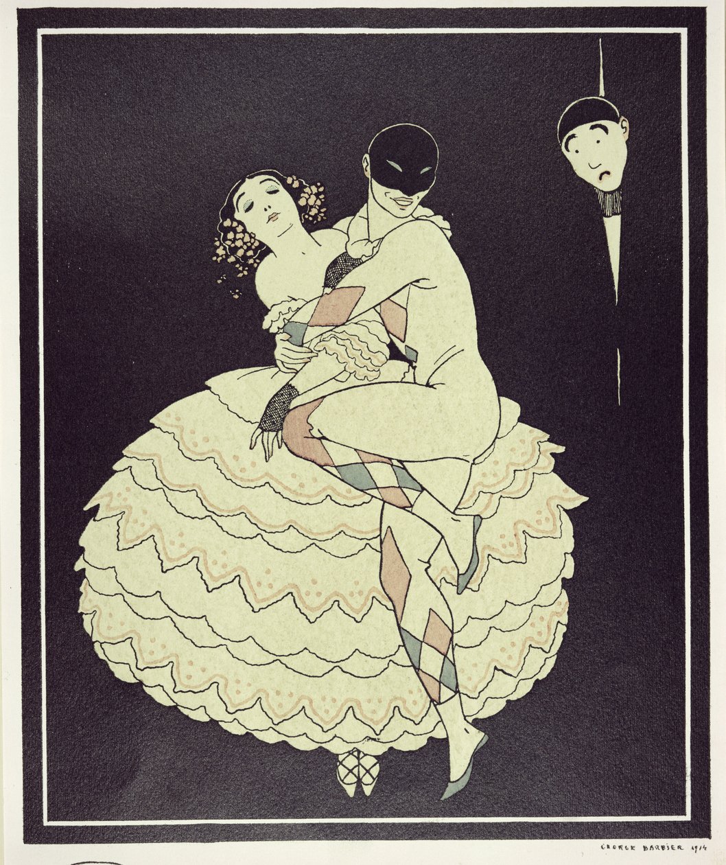 Tamara Karsavina (1885-1978) jako Kolumbína a Vaslav Nižinskij (1890-1950) jako Harlekýn ve Fokinově "Karnevalu" v roce 1910, vyd. 1914 (pochoárový tisk) od Georges Barbier