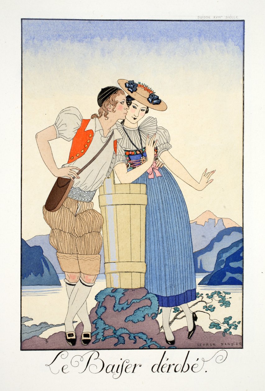 Ukradený polibek z „Falbalas et Fanfreluches, Almanach současných, minulých a budoucích režimů“ od Georges Barbier
