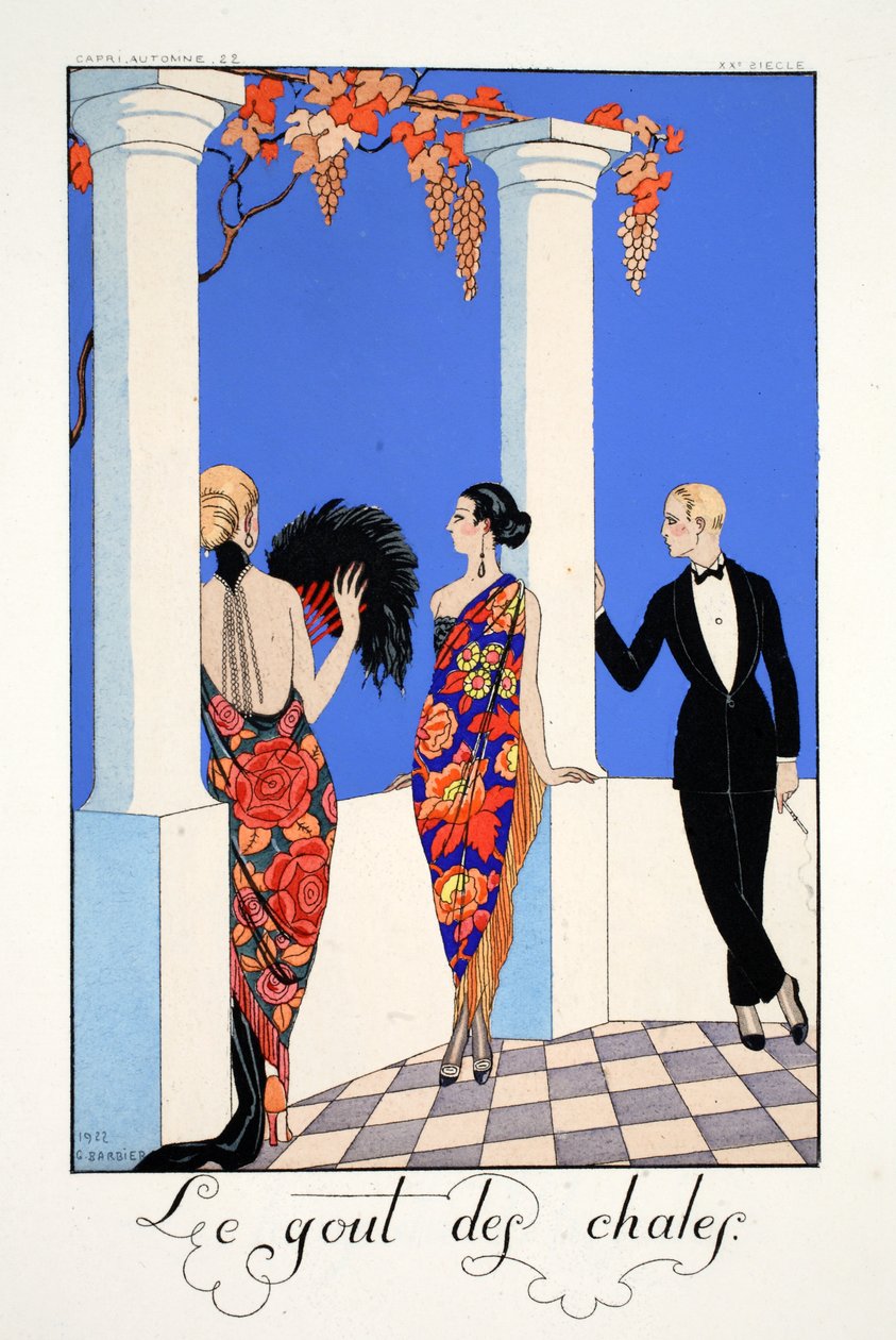 Taste of Shawls, z „Falbalas et Fanfreluches, Almanach současných, minulých a budoucích režimů“ od Georges Barbier
