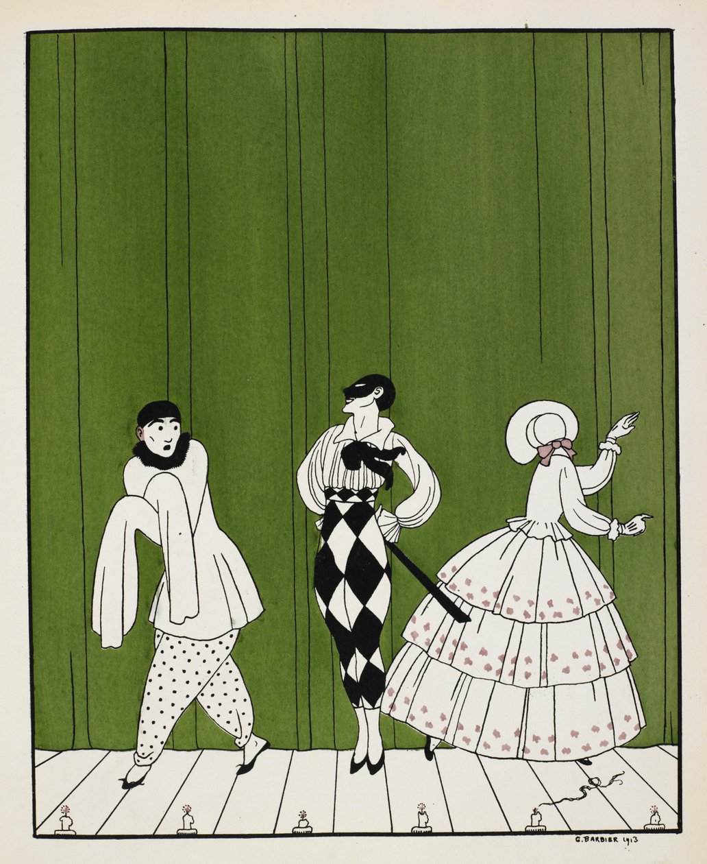 Tři postavy z baletu z roku 1910, Carnaval, složil Robert Schumann. Vlevo je mim. Uprostřed je muž oblečený v bílé košili s černou kravatou a kostkovanými kalhotami s maskou. Vpravo je dáma, čelem vzad od Georges Barbier