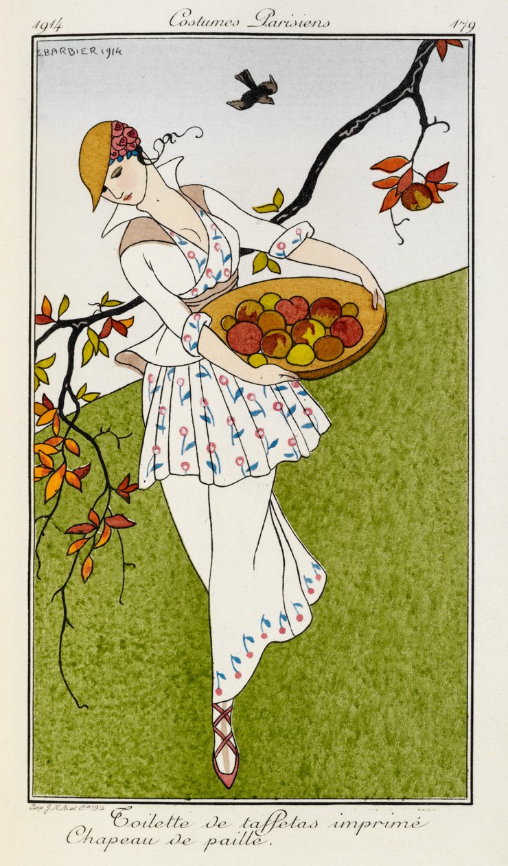 Toalette de taffetas imprime chapeau de paille. Kostýmy Parisiens č.179. Žena v hedvábném potištěném oblečení a slaměném klobouku. Nese misku s ovocem. od Georges Barbier