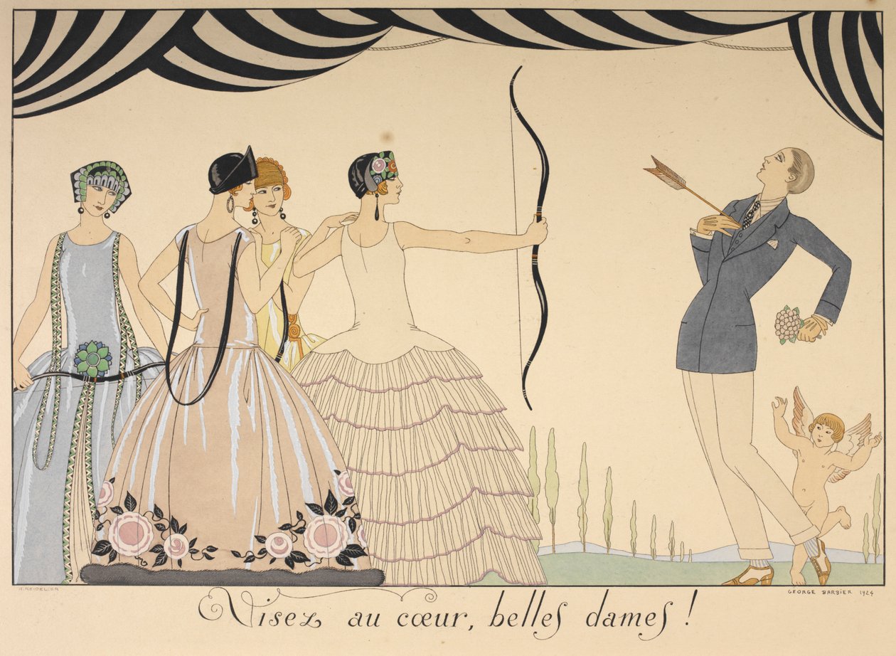 Visez au coeur, belles dames. Zamiřte na srdce dámy. Žena střelí muže šípem do srdce. od Georges Barbier