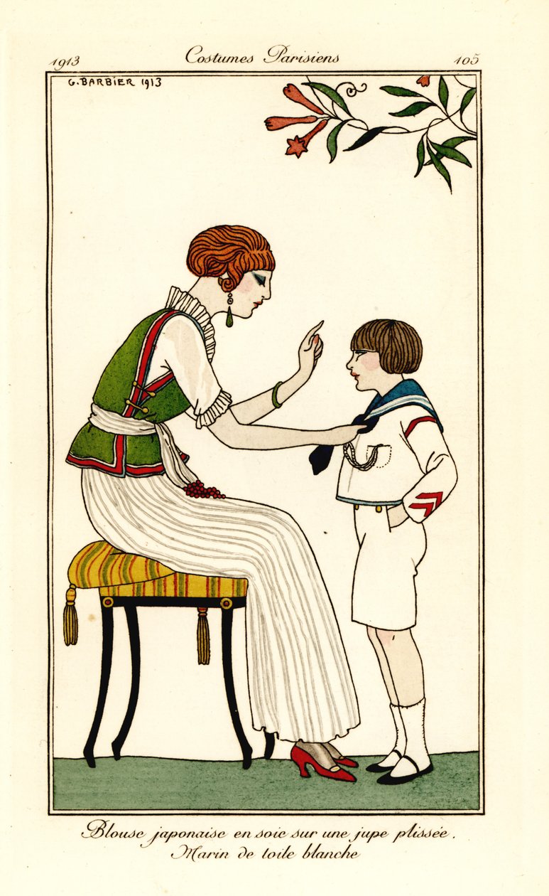 Žena v japonské hedvábné halence a dlouhé skládané sukni od Georges Barbier