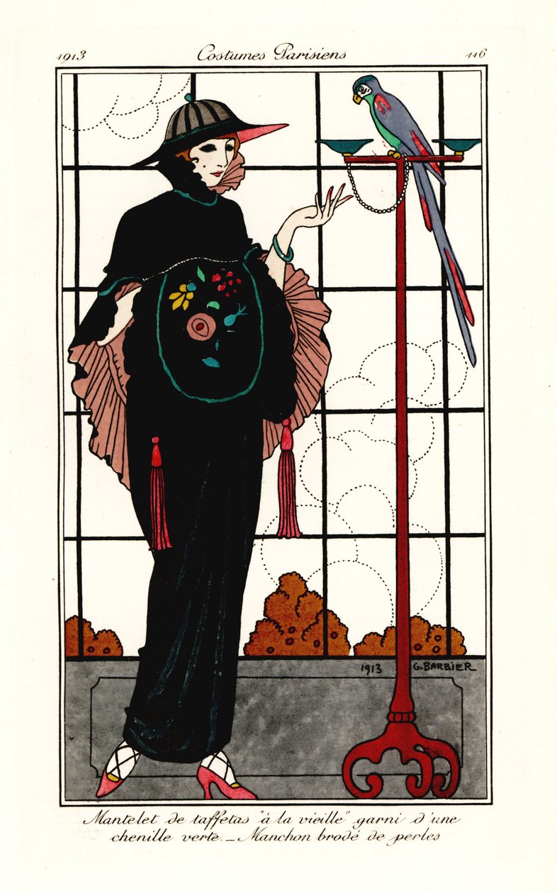Žena ve staré taftové pláštěnce s papouškem od Georges Barbier