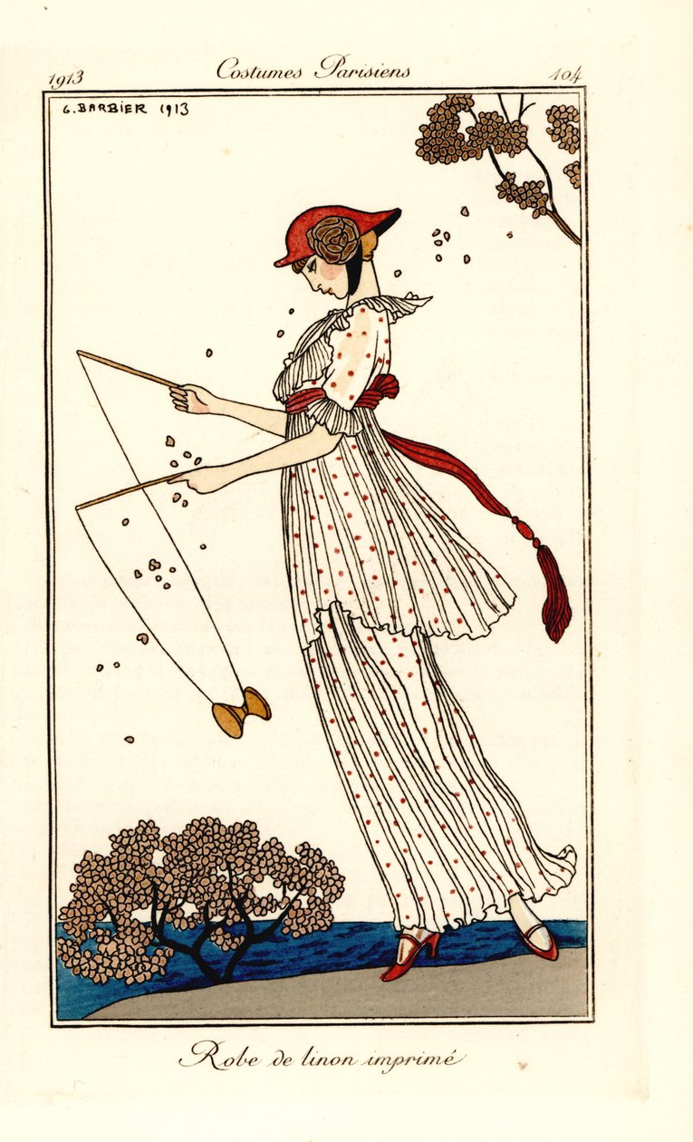 Žena v šatech z potištěného plátna hraje diabolo od Georges Barbier