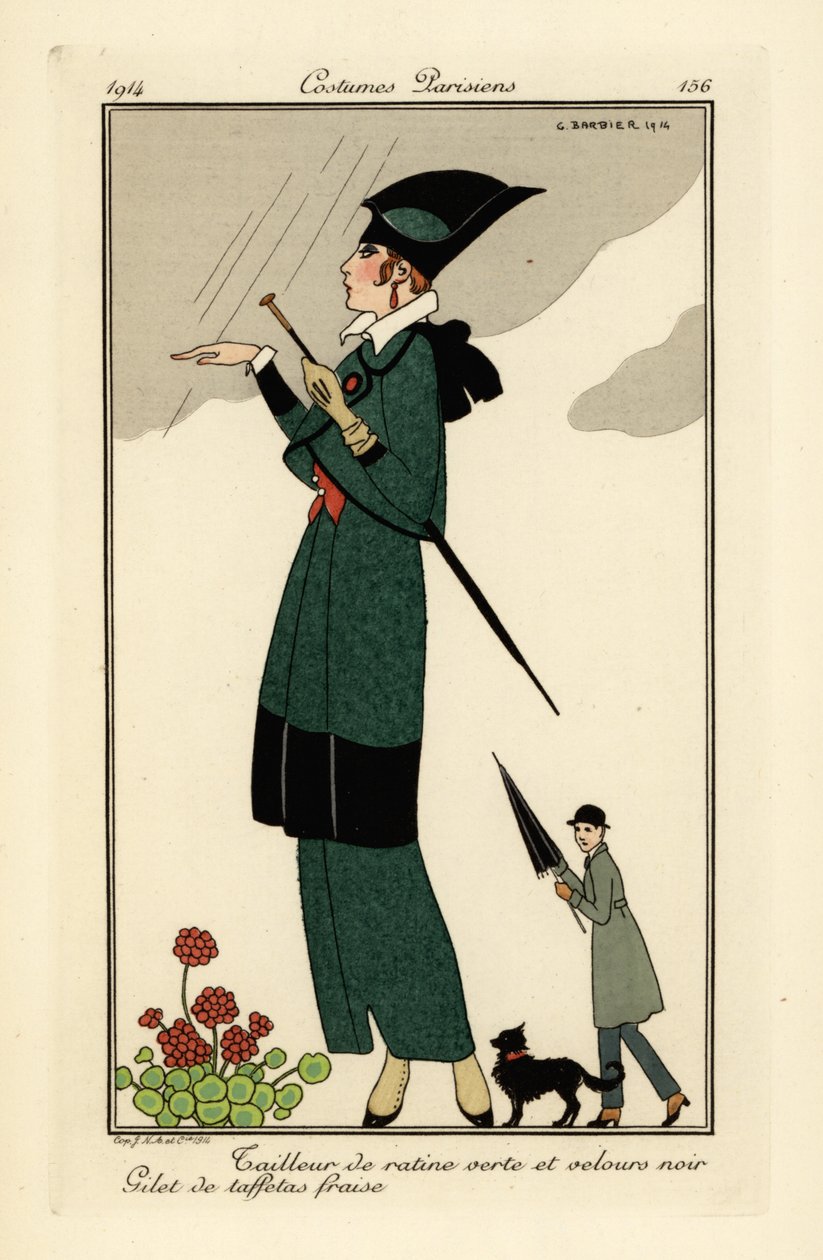 Žena v zeleném ratine a černém sametovém obleku. od Georges Barbier
