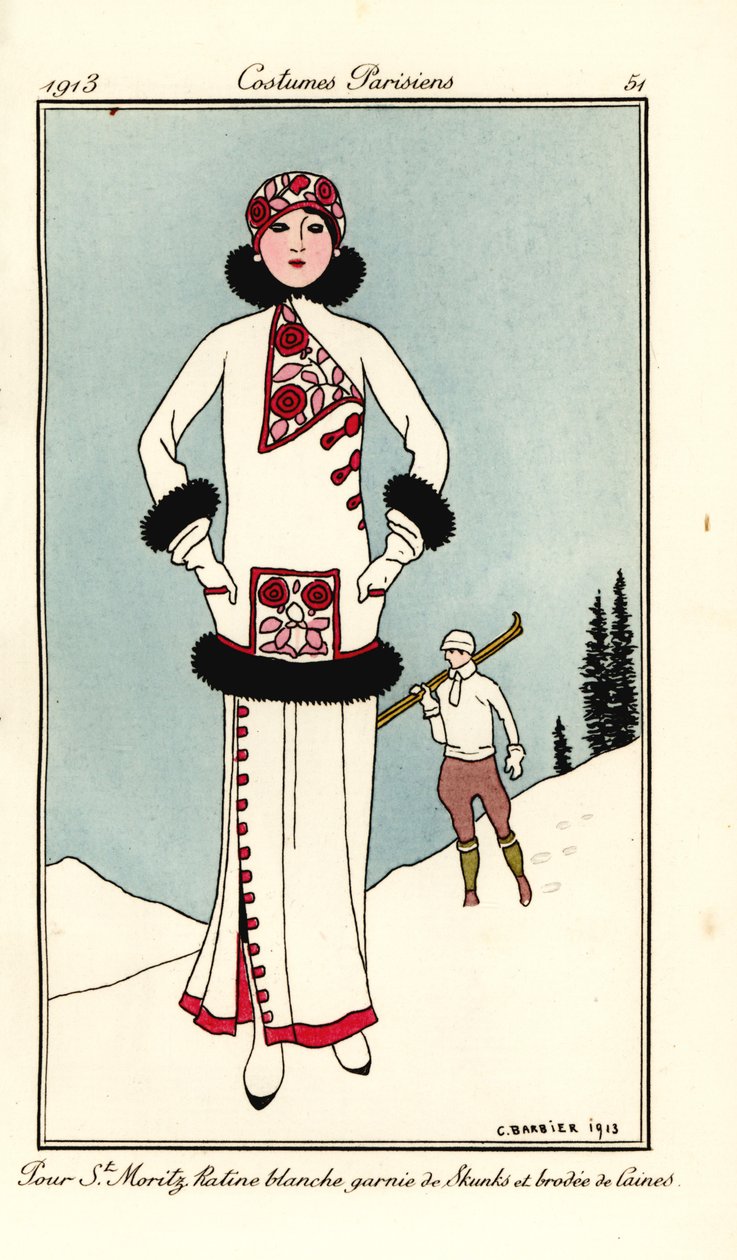 Žena v outfitu pro St. Moritz v bílém vlysu s skunkovým lemováním a vlněnou výšivkou. Nalijte St. Maritz ratine blanche garnie de skunks et brodee de laine. Ručně kolorovaný lept pochoir (šablona) podle ilustrace George Barbiera z Tommasa Antonginiho od Georges Barbier