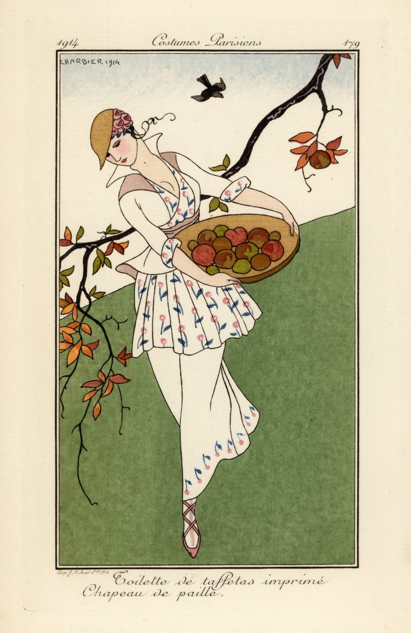 Žena ve slaměném klobouku a šatech z tištěného taftu. od Georges Barbier