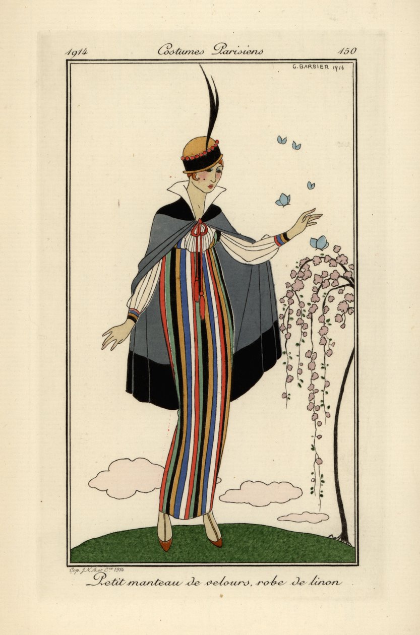 Žena v pruhovaných lněných šatech s krátkým sametovým kabátem. od Georges Barbier