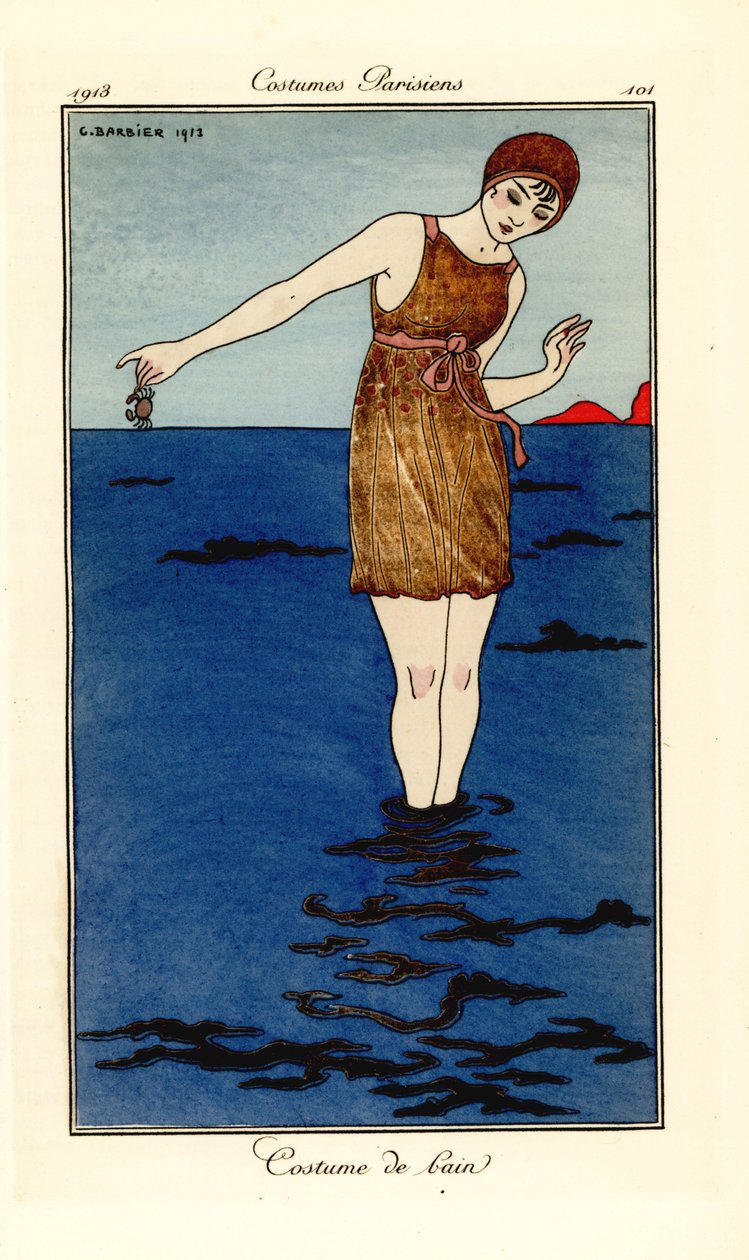 Žena v plavkách až po kotníky v moři na pláži drží kraba. Kostým de bain. Ručně kolorovaný pochoir (šablona) lept podle ilustrace George Barbiera z Tommasa Antonginiho Journal des Dames et des Modes, Aux Bureaux du Journal od Georges Barbier