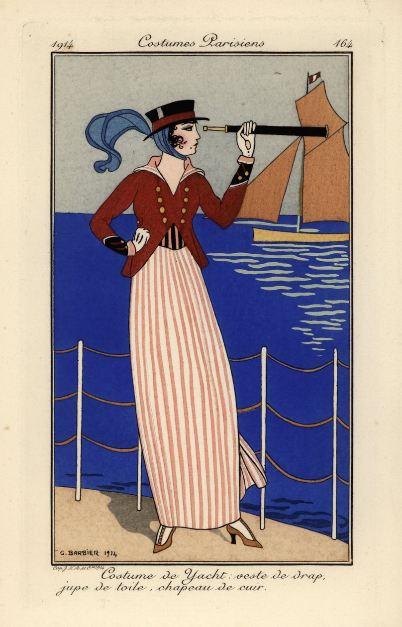 Žena v jachtařské oblečení drží dalekohled. od Georges Barbier