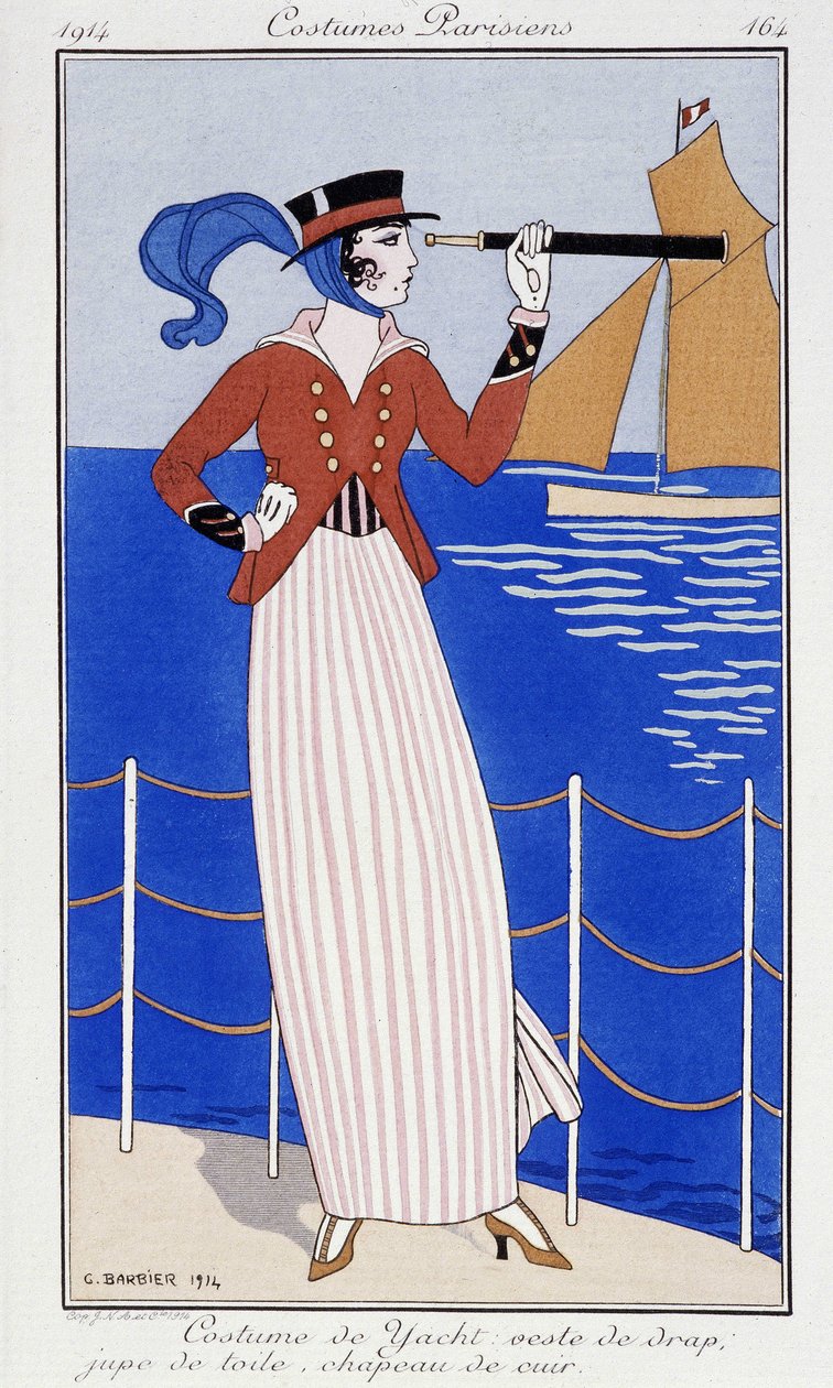 Žena hledící v dlouhém pohledu, v obleku jachty - Móda 1914 od Georges Barbier