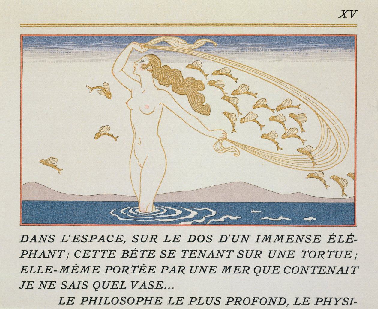 Žena brodící se vodou, ilustrace z „Les Mythes“ od Paula Valeryho (1871-1945) vydaná v roce 1923 (pochoir print) od Georges Barbier