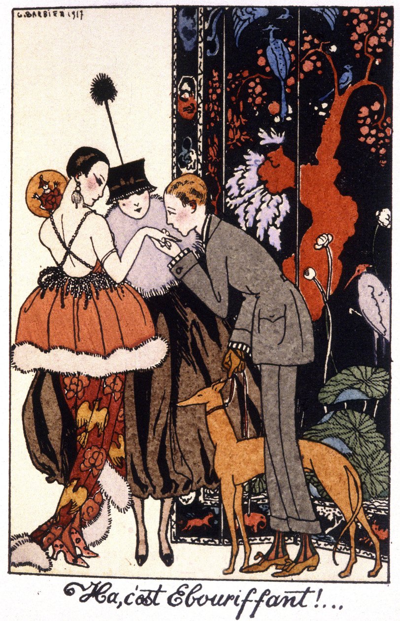 ruční líbání, noc elegance v Paříži, rytina 1917 od Georges Barbier