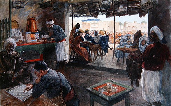 Kavárna v Maroku, cca 1900 (barevné lito) od Georges Bertin Scott