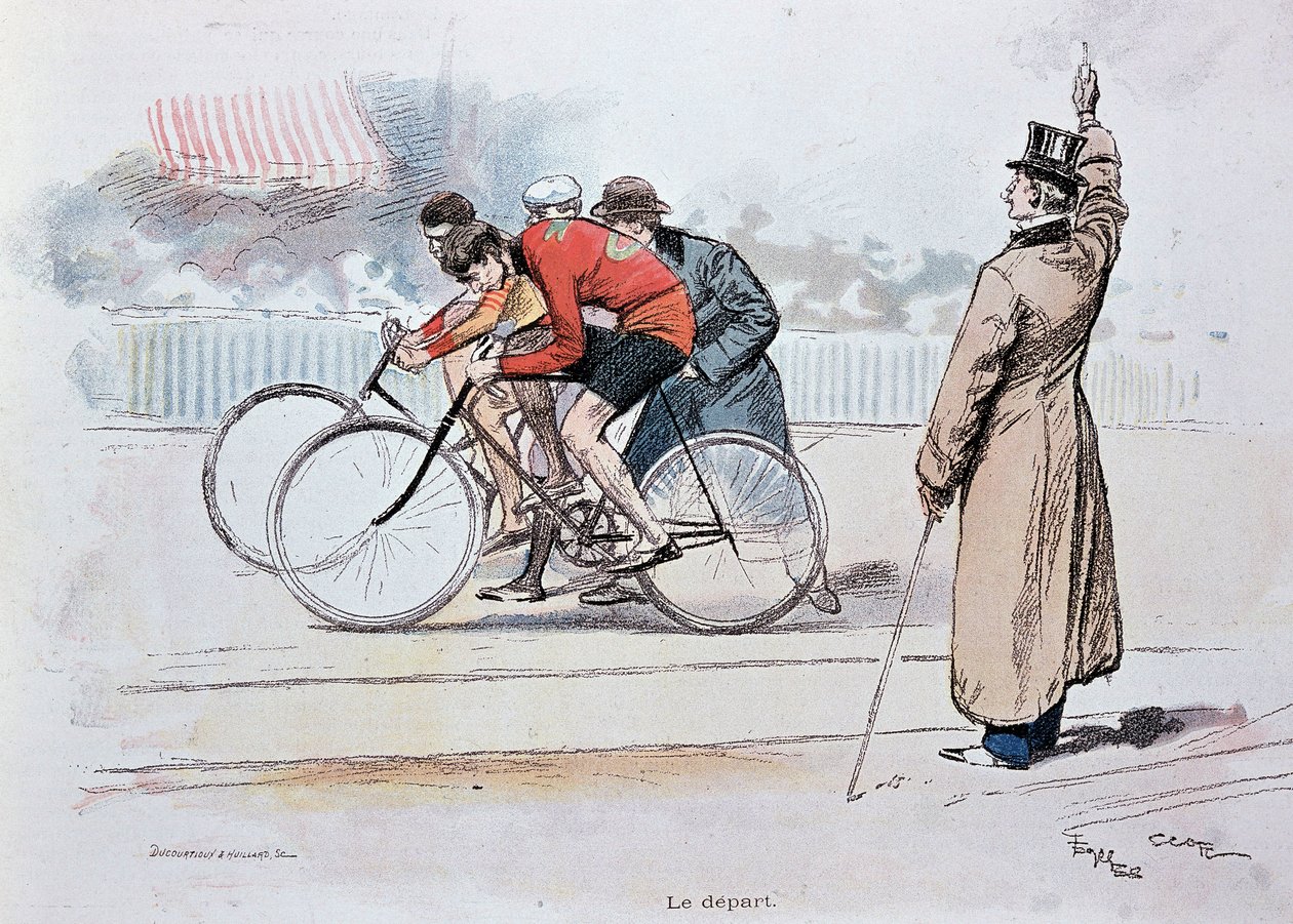 Cyklistický závod: start - kresba G. Scotta od Georges Bertin Scott