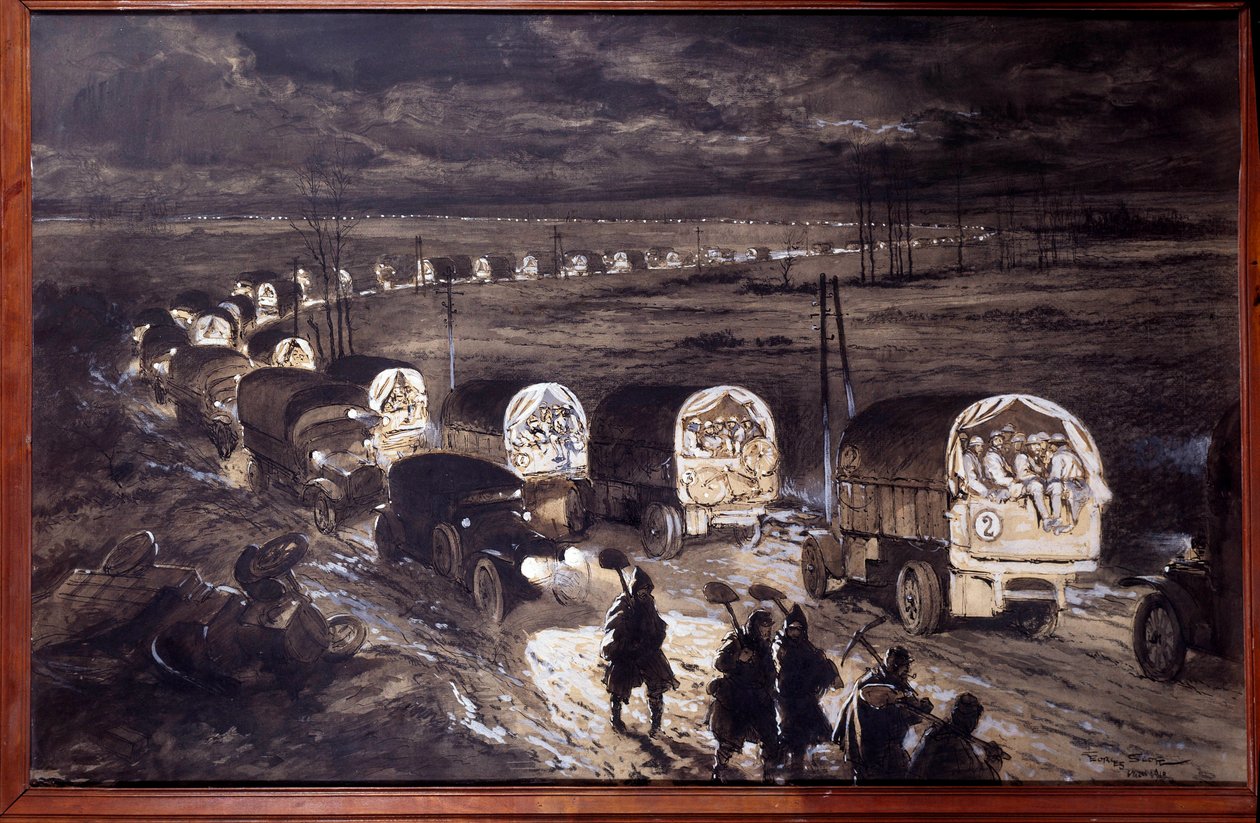 První světová válka (1914-1918): Akvarel „Posvátná cesta Verdunu“ od Georgese Bertina Scotta (1873-1942) od Scotta de Plagnolles. března 1916. Slunce 0,7x1,1 m Paříž, musee de l