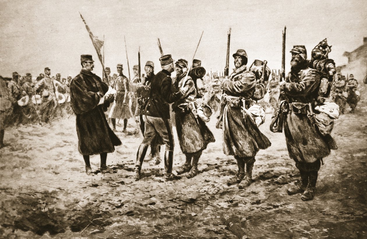 Pocta statečným v palebné linii: Francouzský generál udělující vyznamenání mužům vyznamenaným vojenskou medailí z „The Illustrated War News“ od Georges Bertin Scott