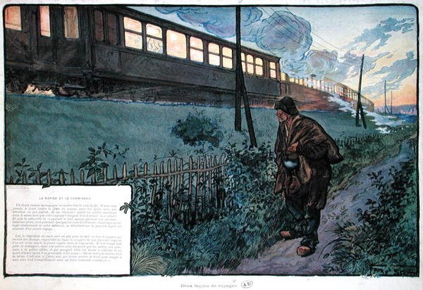 Dva způsoby cestování, expresní vlak a tramp, počátek 20. století (barevné lito) od Georges Bertin Scott