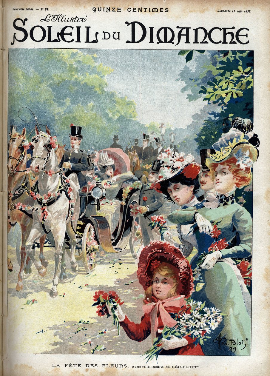 Květinová párty. Z akvarelu od Geo Blotta. Rytina v „“Le sun-du-dimanche“, 11. června od Georges Blott