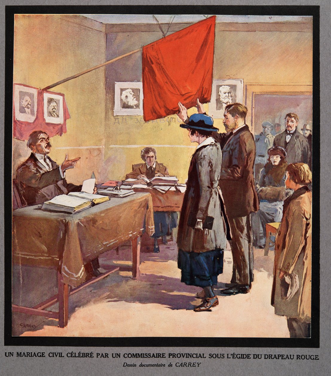 Občanský sňatek uzavřený zemským komisařem pod záštitou Rudé vlajky, z knihy Histoire des Soviets, vyd. 1922 (barevná litografie) od Georges Carrey