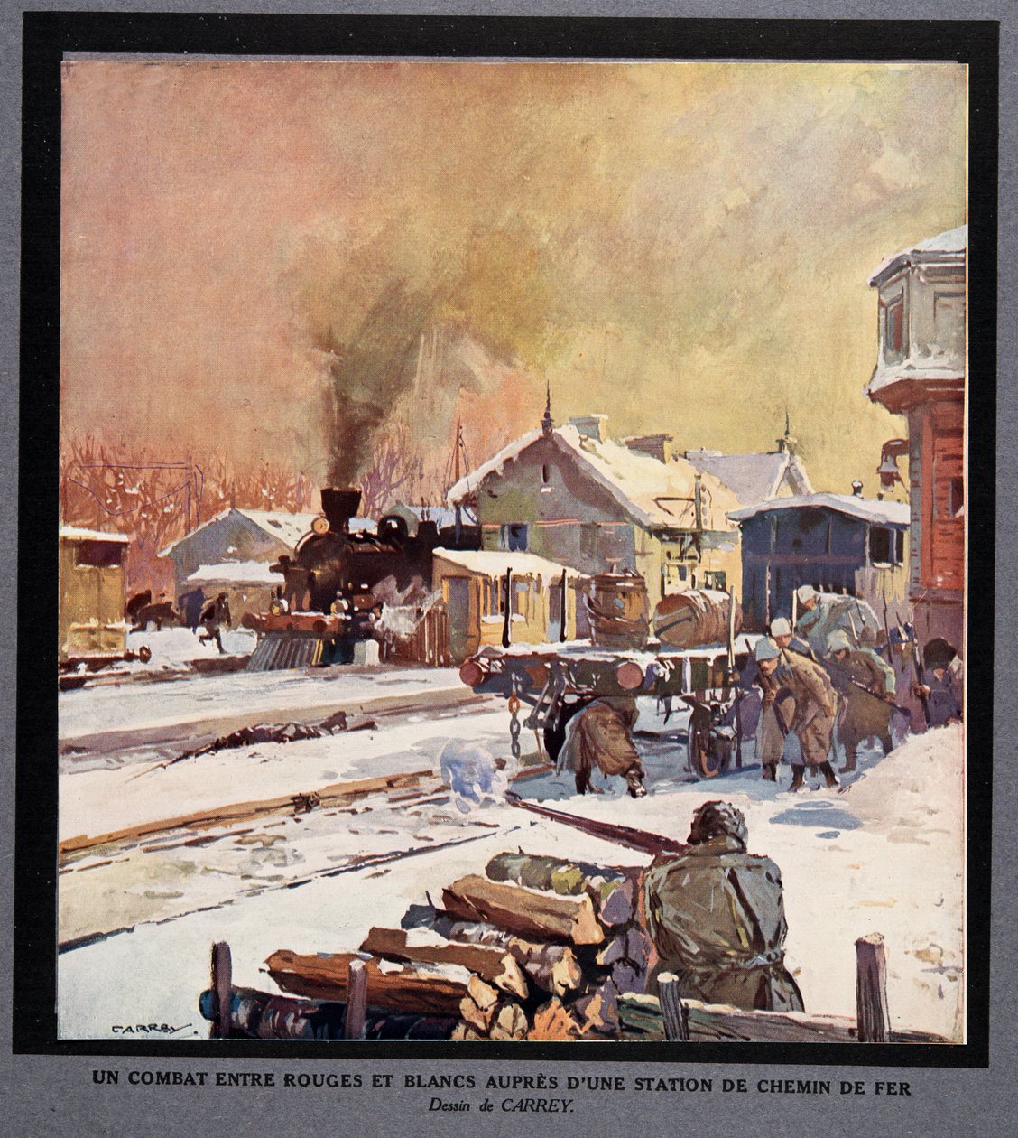 Boj mezi rudou a bílou gardou na nádraží, z knihy Histoire des Soviets, pub. 1922 (barevná litografie) od Georges Carrey