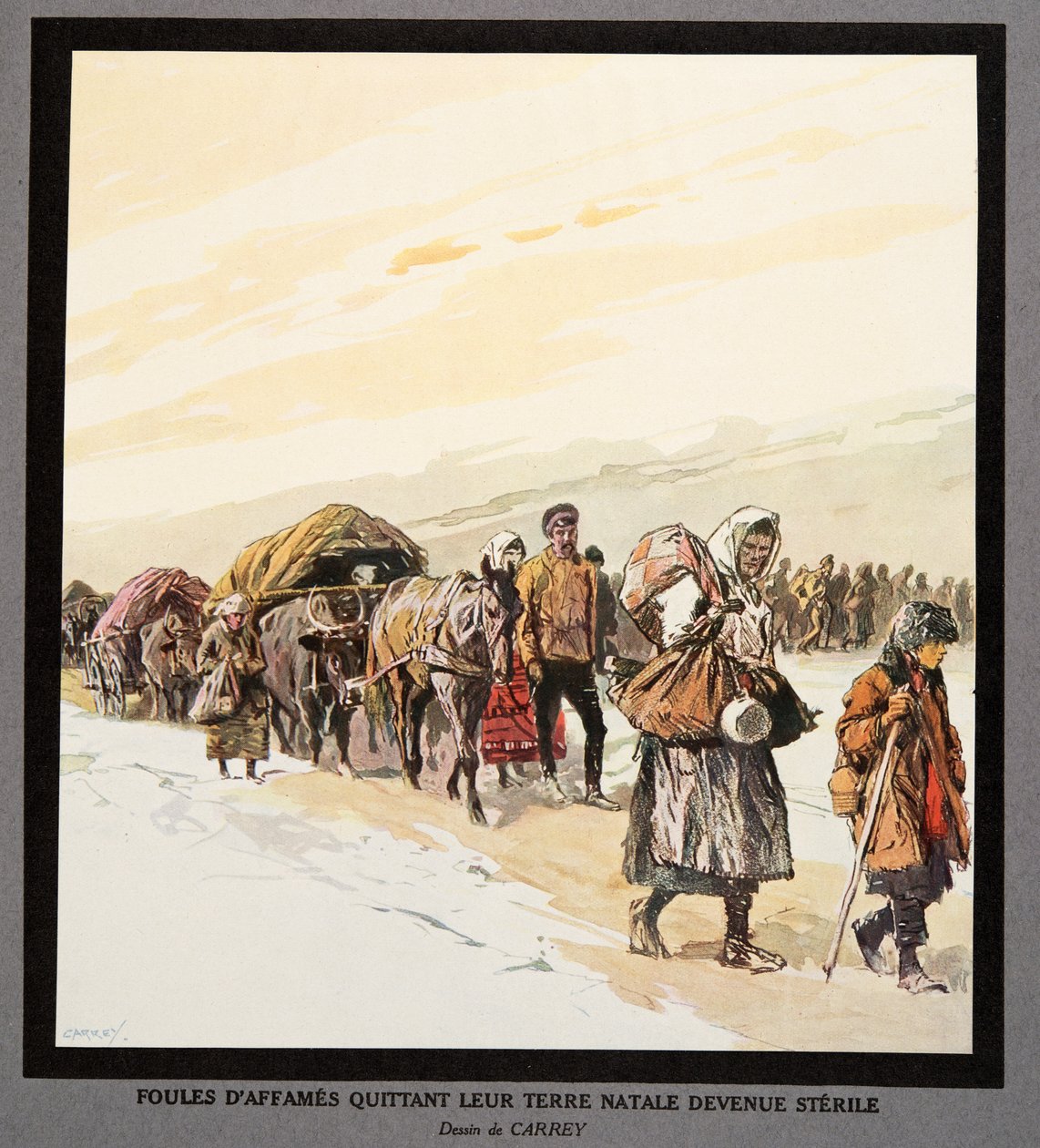 Exodus hladových lidí z vlasti, z Histoire des Soviets, pub. 1922 (barevná litografie) od Georges Carrey